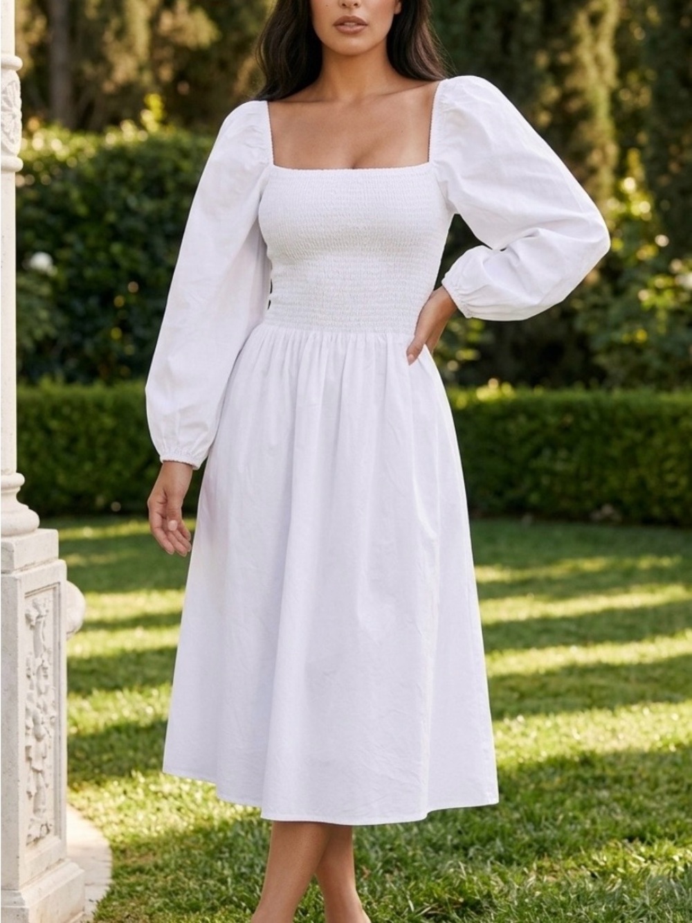 Sunday Up White Smocked Maxi Dress with Puff Sleeves Sz S